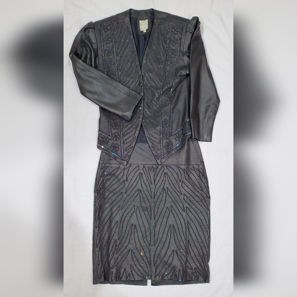 Elegant Black Leather And Sequin Women's Jacket & Skirt Set